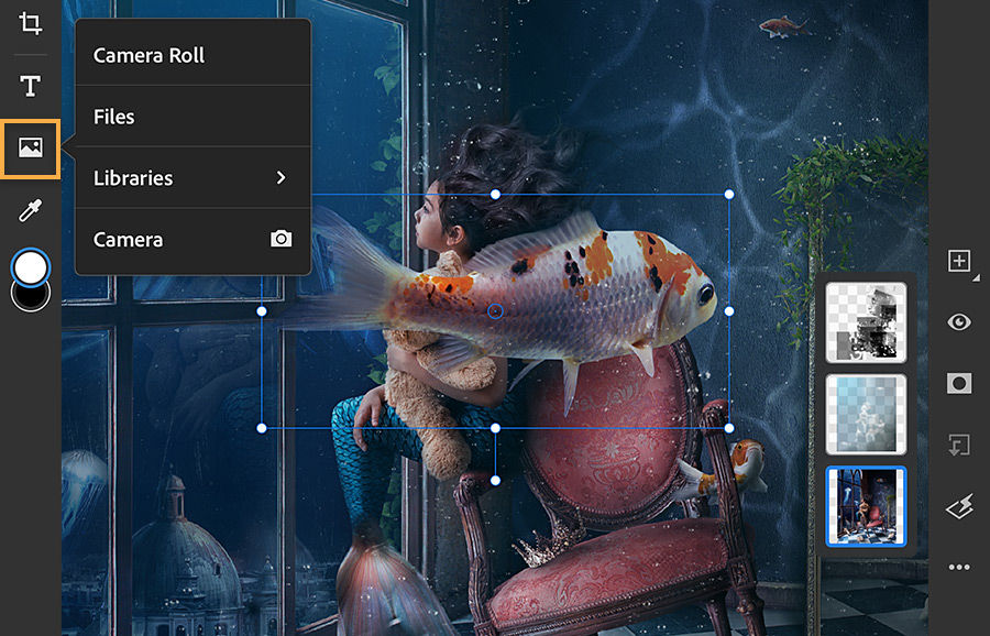 Photoshop iPad UI shows image icon selected, transform boundaries around fish photo in the middle, and layers on the right.