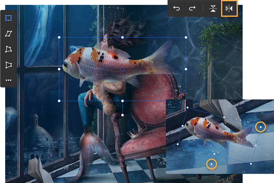 Photoshop transform tool options on left and top, fish photo in the middle, callout at lower right shows fish scaled down.