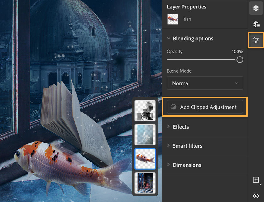 Photoshop layers panel shows on right with Add Clipped Adjustment selected for fish image layer.