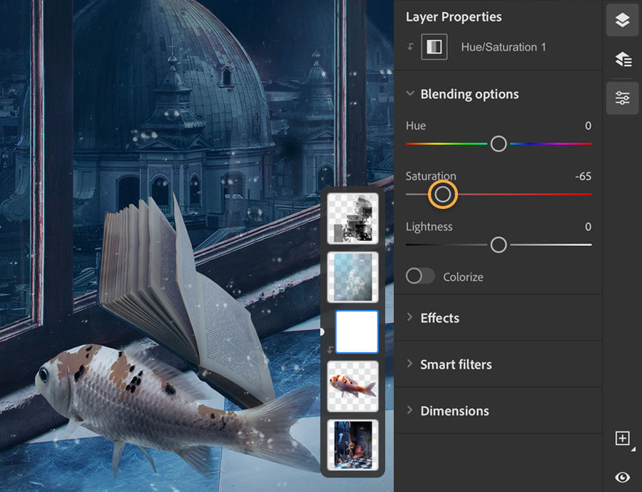 Photoshop layer properties show Saturation set to -65, the color of the fish on the left is desaturated.