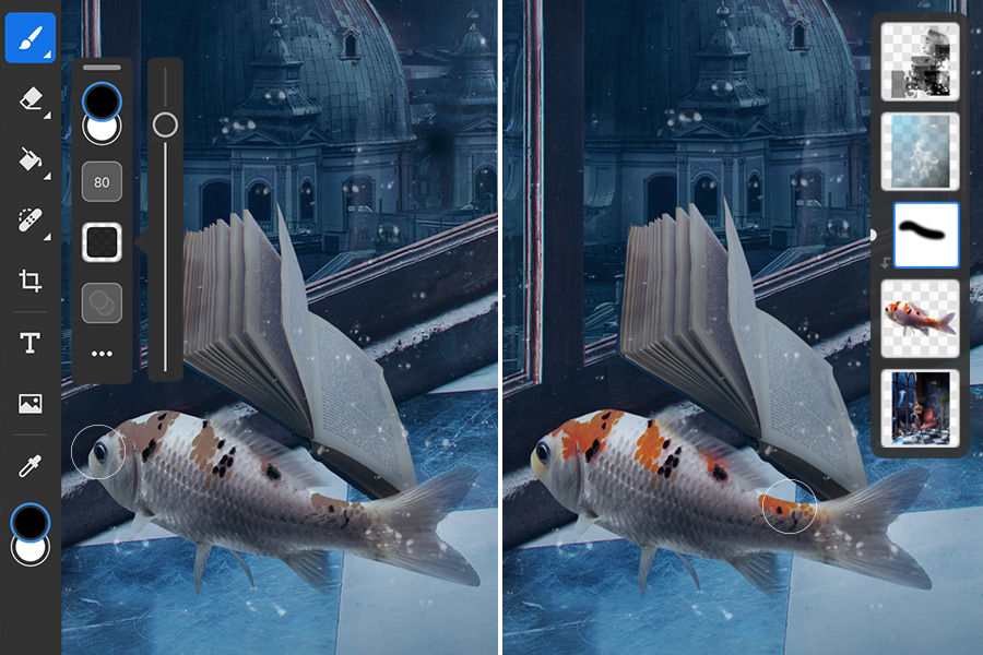 Desaturated fish on the left, brush tool selected and set to black, fish on the right shows color added back to spots.