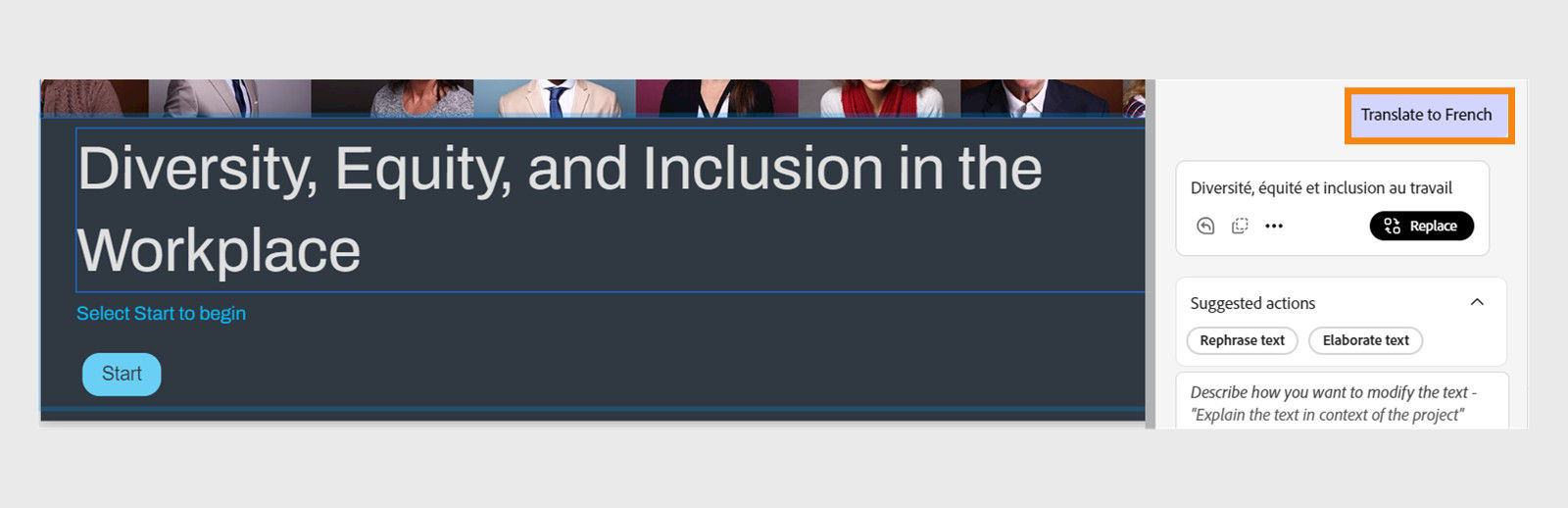 Generate text dialog showing the prompt 'Translate to French' with the original text 'Diversity, Equity, and Inclusion in the Workplace' visible.