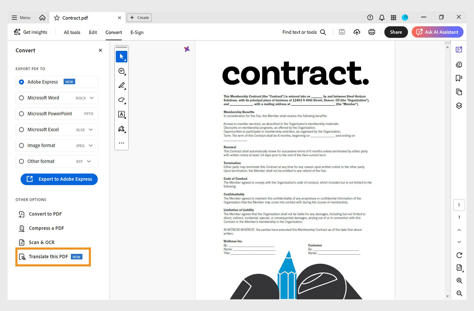 Acrobat interface with the Convert option selected and Translate PDF highlighted, indicating the start of the translation workflow.