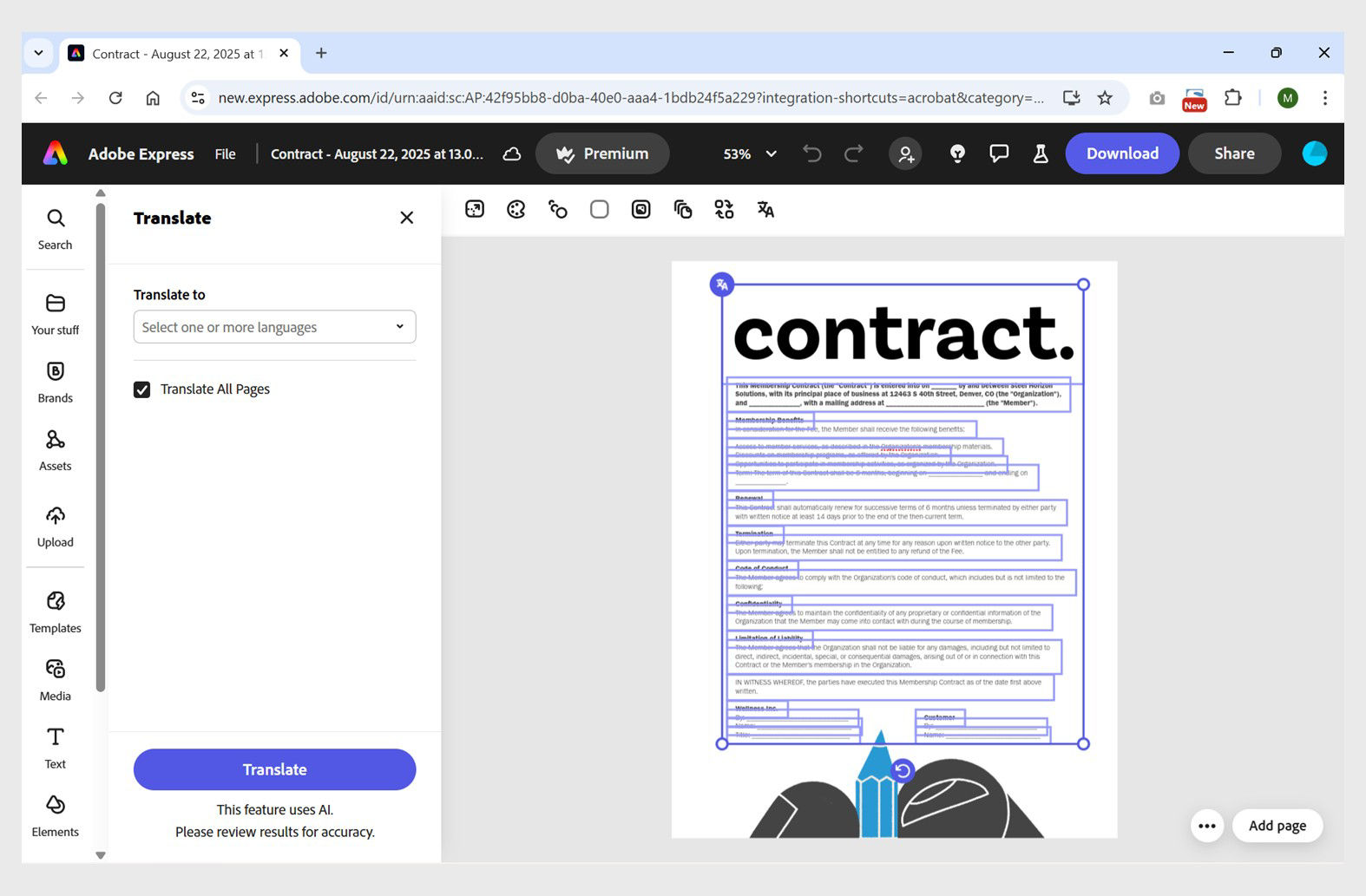 Adobe Express interface displaying the Translate panel with language selection options.