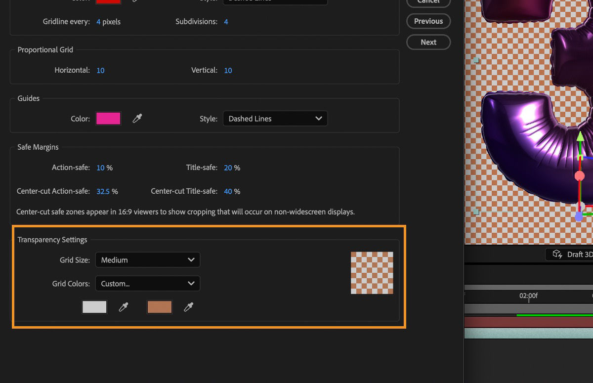 The Preferences dialog box is open, and under the Transparency Settings section, color, style, and other settings for transparency are specified.