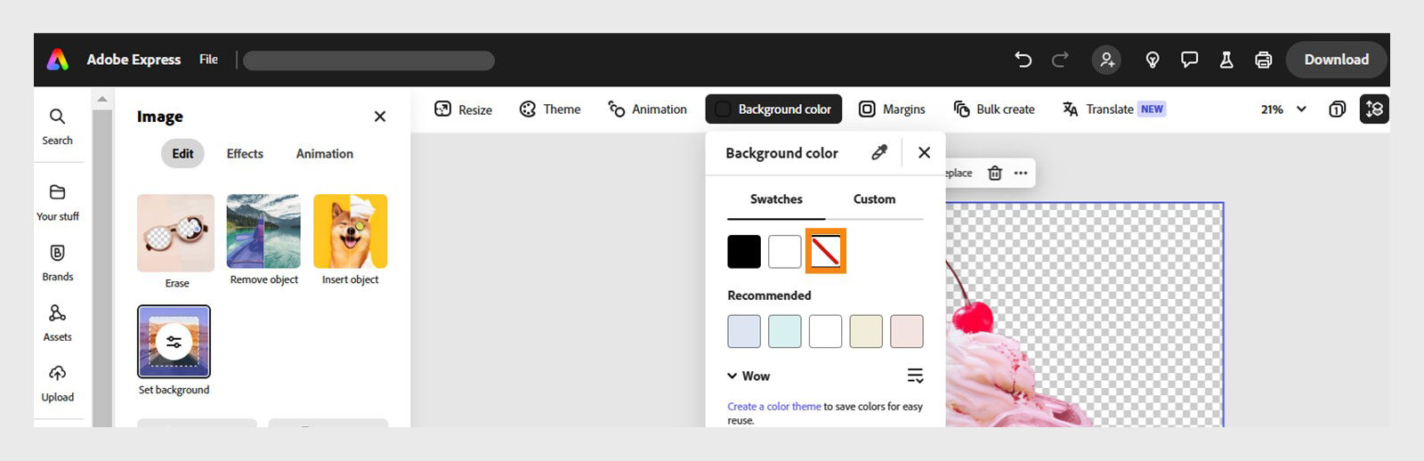 Design open in the Adobe Express editor with the Background color panel visible and the "No fill" option selected to ensure the image is downloaded with a transparent background.