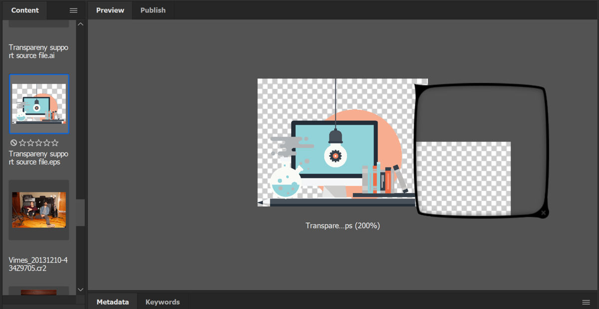 View checkerboard thumbnails and previews for transparent .AI and .EPS files in Bridge