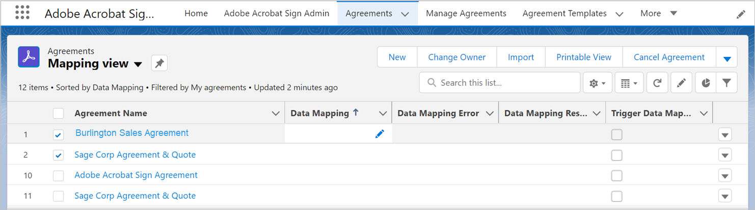 Trigger data mapping on already sent agreements on Acrobat Sign for Salesforce.