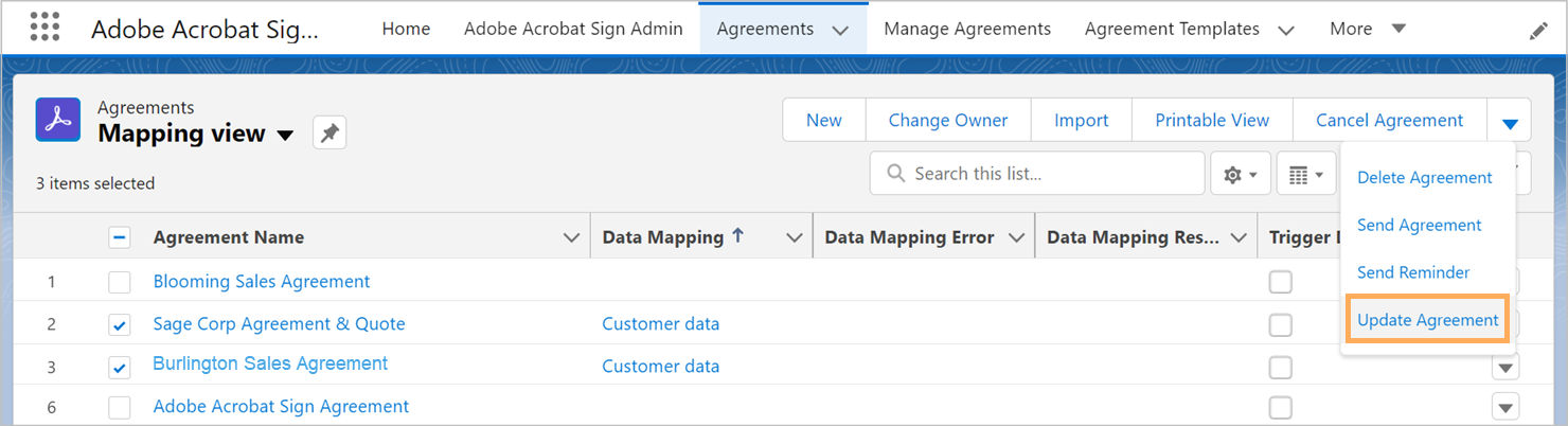 Salesforce için Acrobat Sign'daki geçmişte gönderilmiş sözleşmelerde veri eşlemeyi tetikleyin.