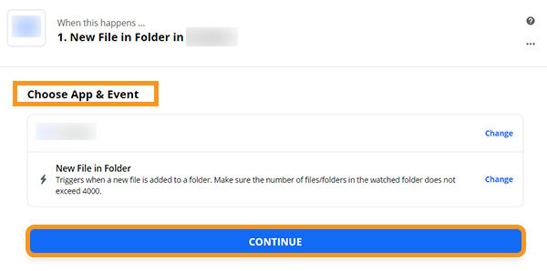 Escolher aplicativo e evento