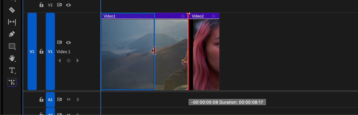 The Timeline panel shows a clip selected for trimming and The trim icon is activated for you to drag and clip it.