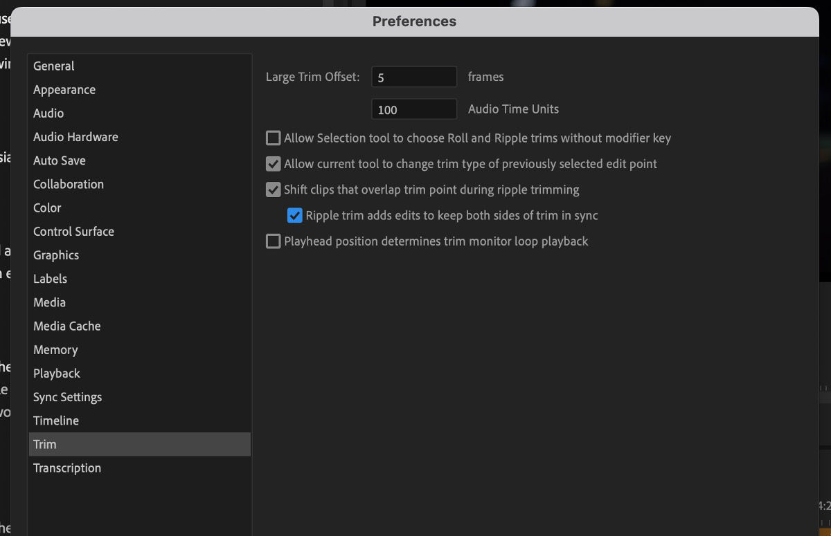 Ui shows the Preferences dialog box with 'Ripple trim adds edits to keep both sides of the trim in sync' preference selected.