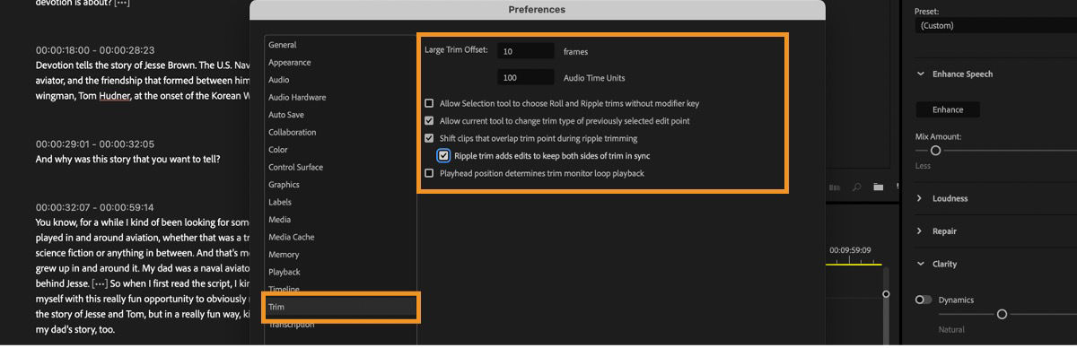 UI shows the Preferences dialog box with Trim option selected.