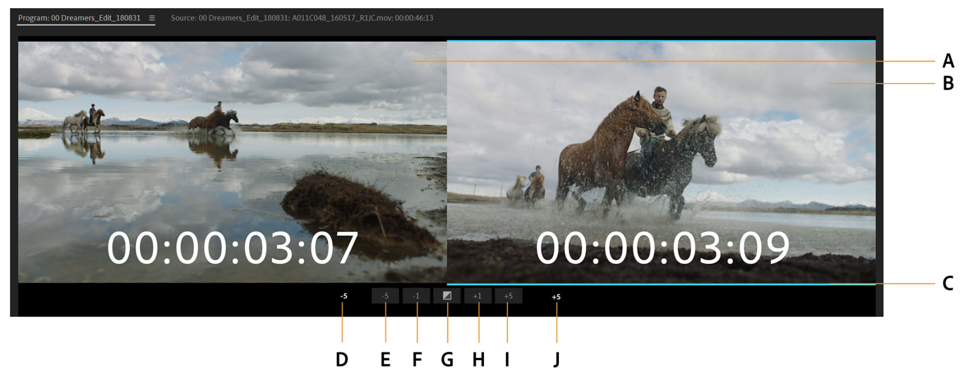 Split screen view of the selected clip in Trim mode
