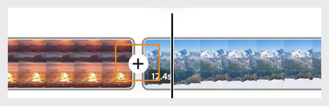 two videos on a video timeline with a plus icon in the center to add a tansition.