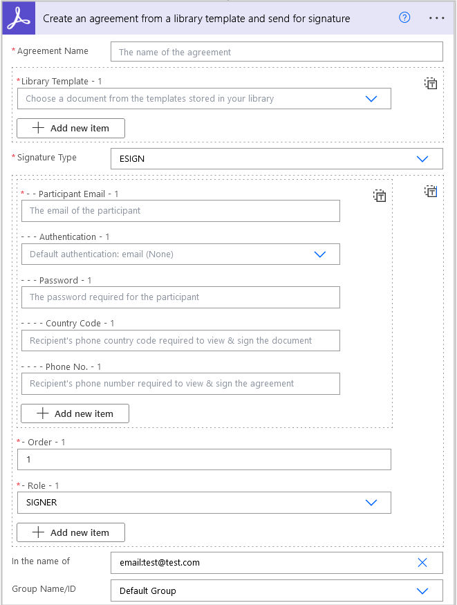 Create an agreement from a library template and send for signature.