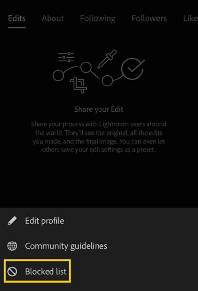 Unblock someone from Lightroom in-app community