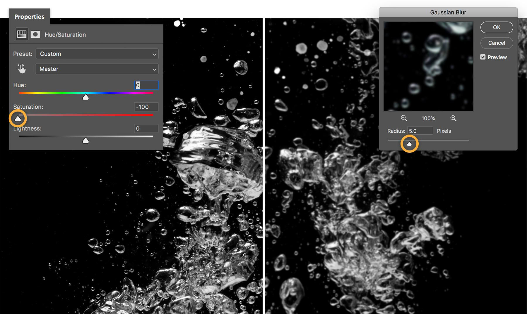 Left: Crisp image of bubbles in water. Right: Bubblies are blurrier with desaturation and Gaussian Blur added.