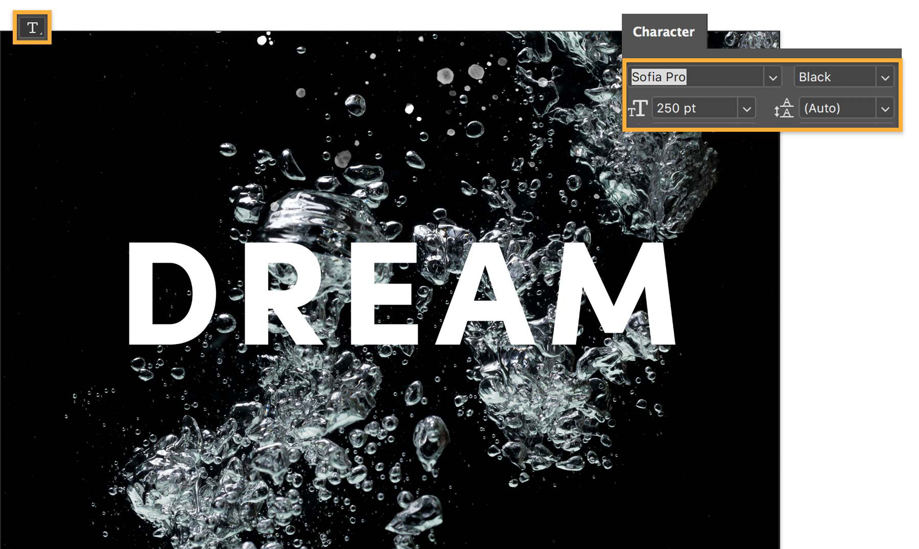 The word DREAM in white text, all caps, appears in front of the bubbles. Text layer is converted to Smart Object. 