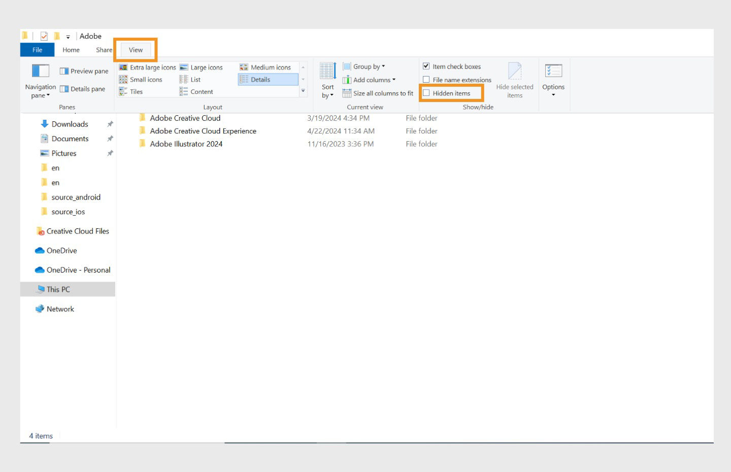 The Windows Explorer window displays the left navigation panel. The "View" option is selected in the top menu bar, with "Hidden items" highlighted.