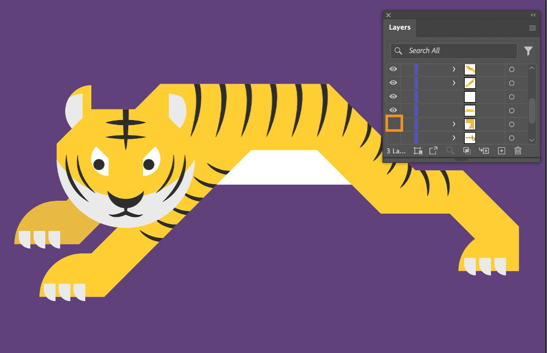 Illustrator interface with tiger artwork and Layers panel open, highlighting the empty eye box to unhide the selected hidden layer.