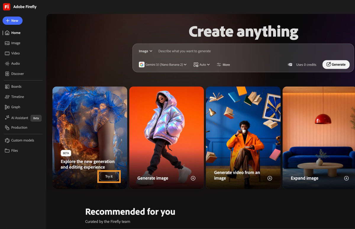 The Firefly home page displays options to try the new generation workspace, expand images, create videos, and generate images.