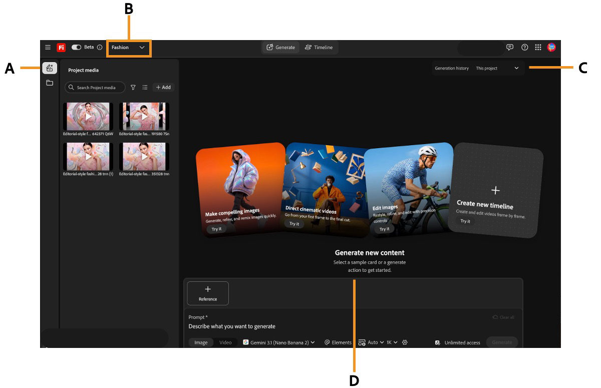 The new generation workspace in Firefly shows the Projects panel, central workspace, generation history strip, and prompt bar.