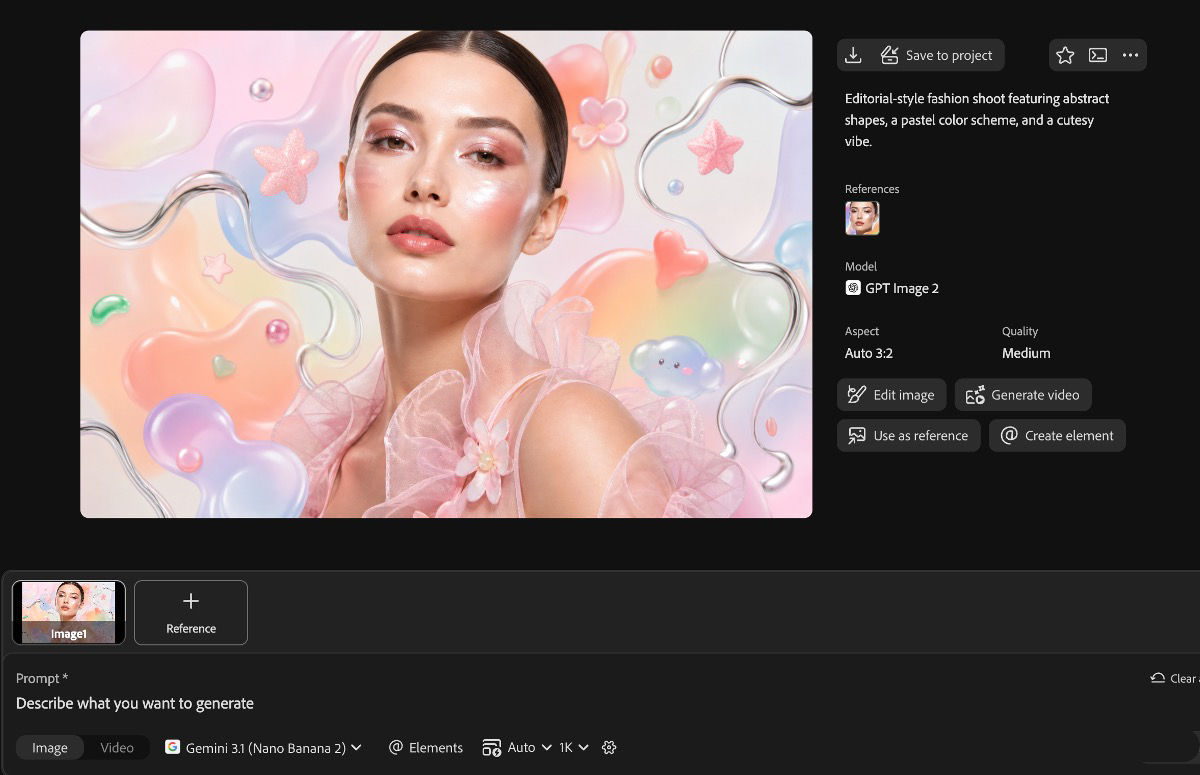 Firefly generation workspace shows an image with options to edit it, generate a video, use it as a reference, or create an element.
