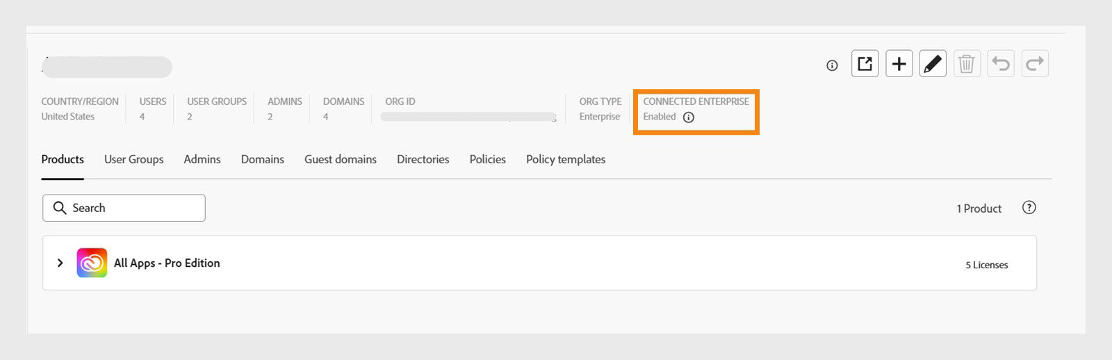 Global Admin Console org page showing the status label Connected Enterprise: Enabled.