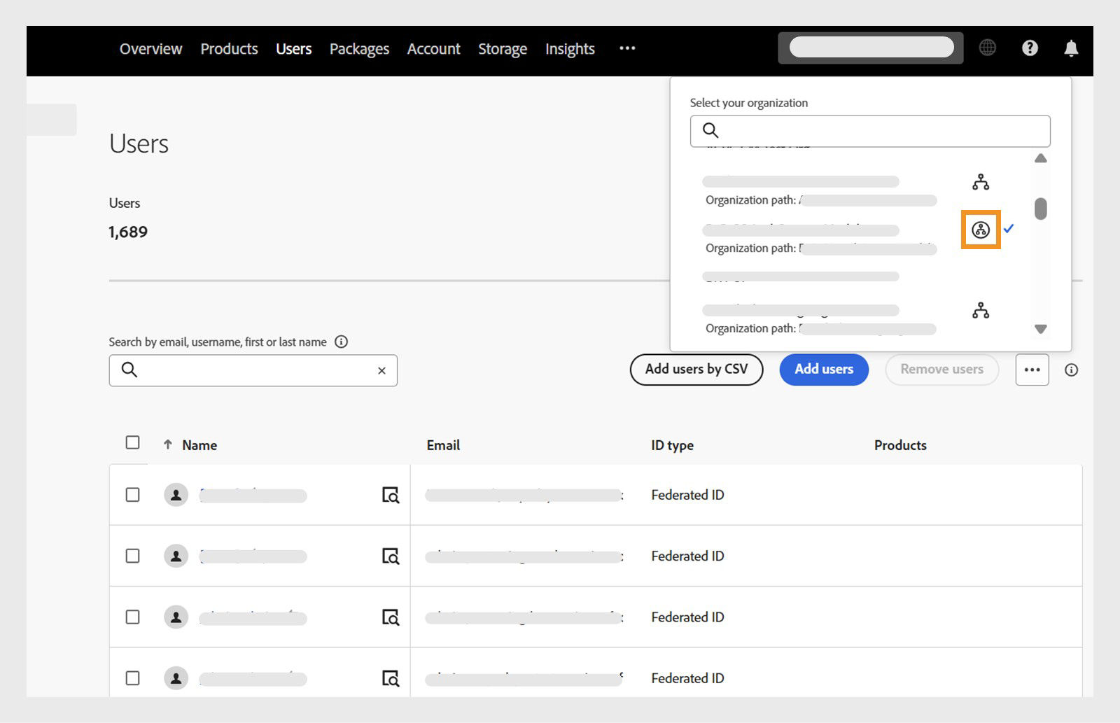 The organization picker highlighting the connected enterprise indicator for an org in the Admin Console.