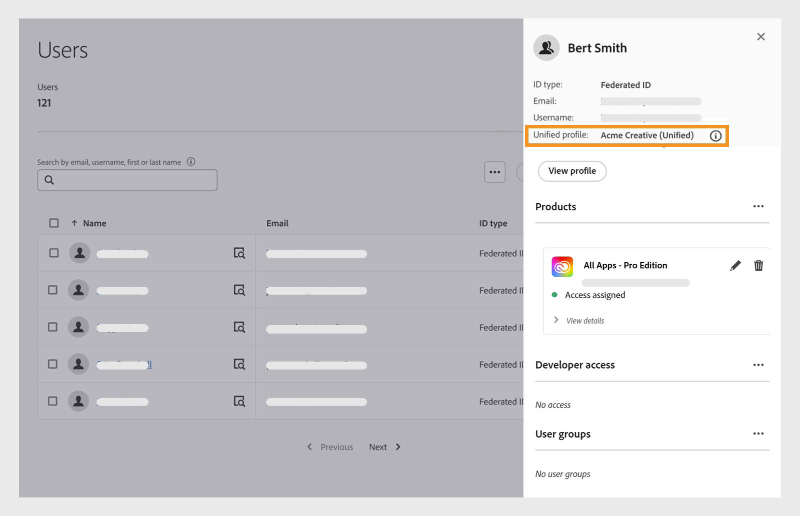 Admin Console Users page with a user details panel highlighting the Unified profile.