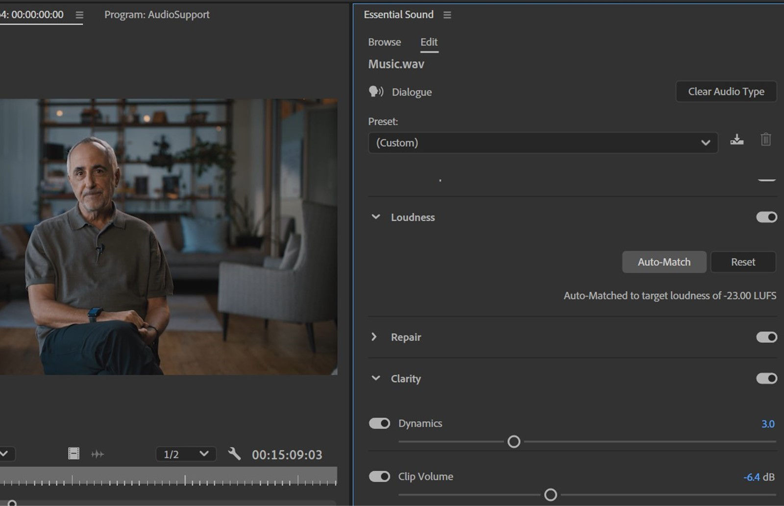 The Essential Sound Panel is open, Audio clip is set as Dialogue and the option Auto-Match is selected to ensure consistency in audio levels. 