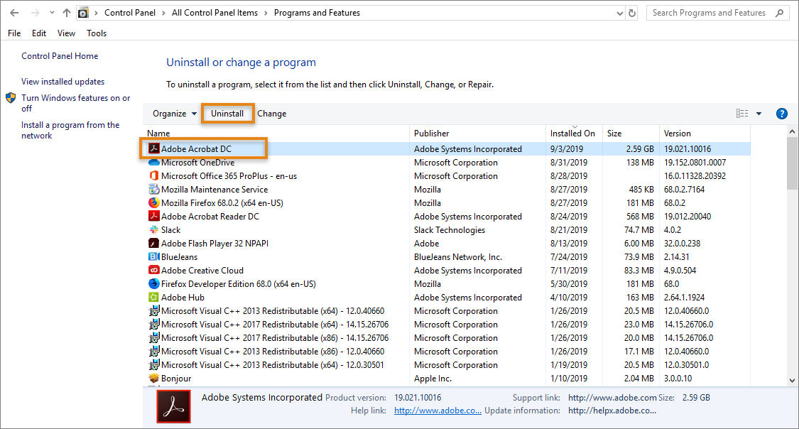 Uninstall Adobe Acrobat DC