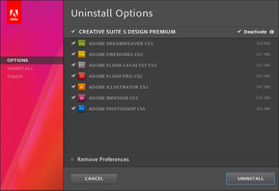Adobe Creative Suite 5.5 または Creative Suite 5 のアンインストール