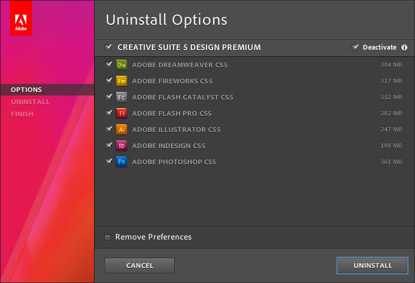 Adobe Creative Suite 5.5 または Creative Suite 5 のアンインストール