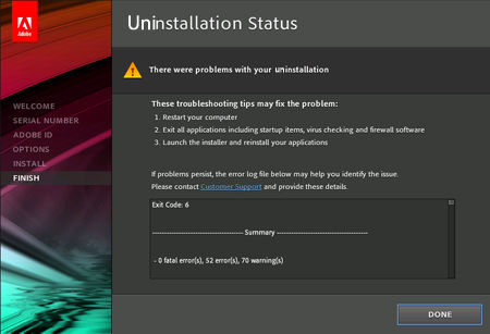 Der opstod problemer med afinstallationen.