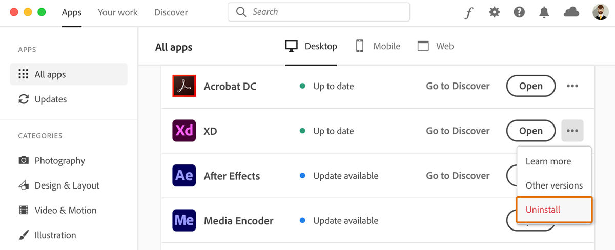 Click Uninstall next to XD.
