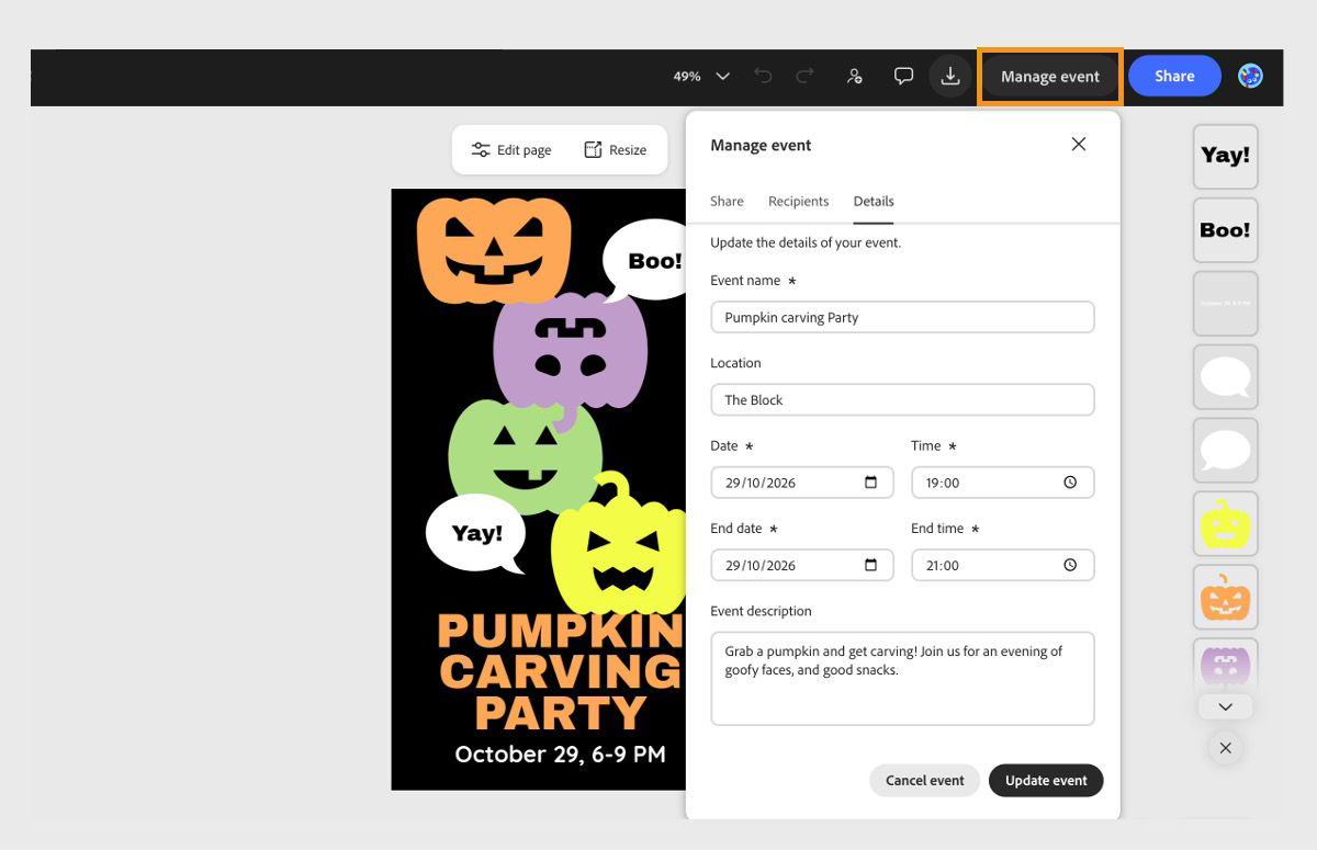 Summer party invitation design open in the Adobe Express editor. Manage event selected from the header with the Details tab open.