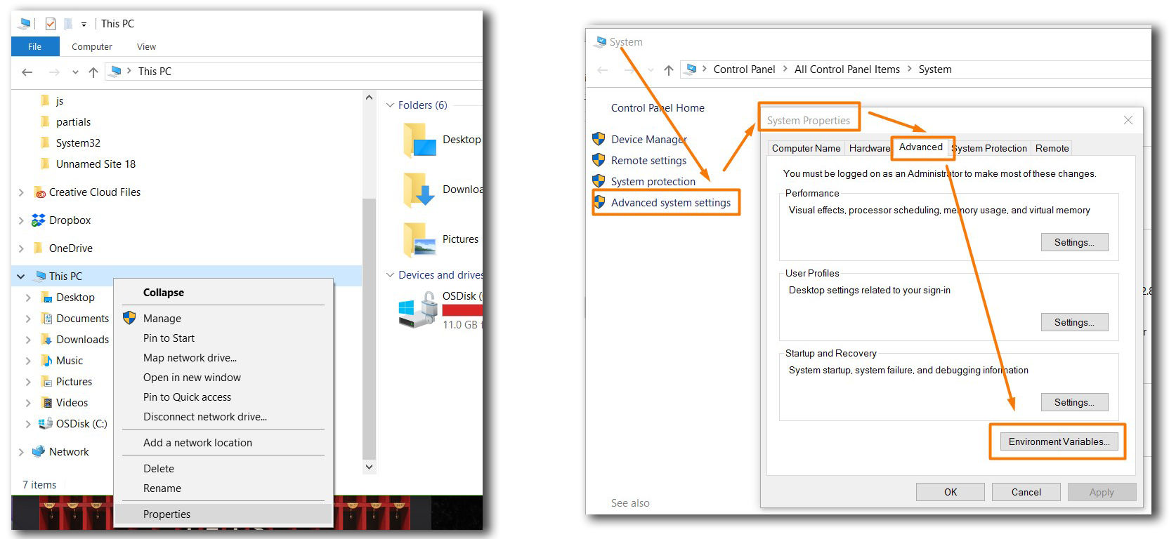 Click Environmental variables