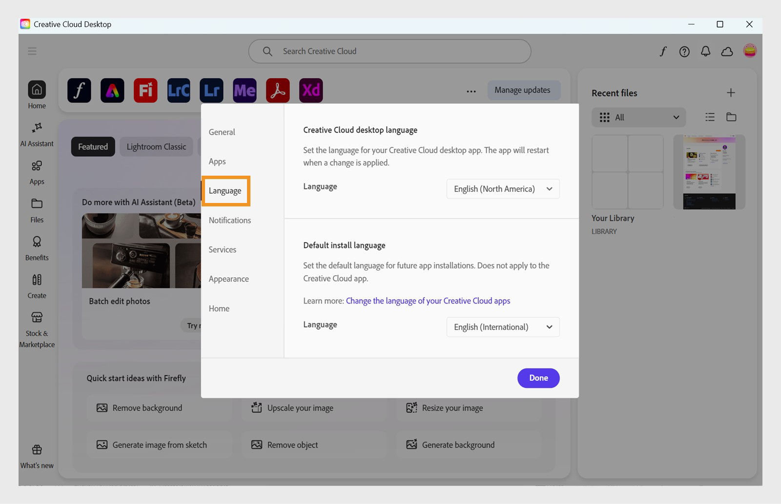 The dropdown menu displays a list of available languages for selection.