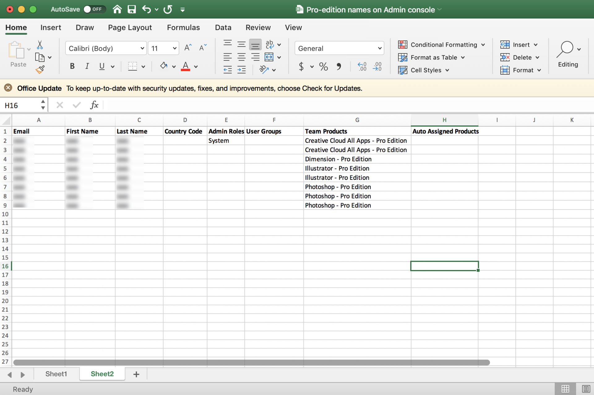 CSV file with updated user entitlements