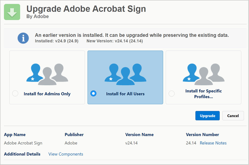 Upgrade the package version of Adobe Acrobat Sign for Salesforce.