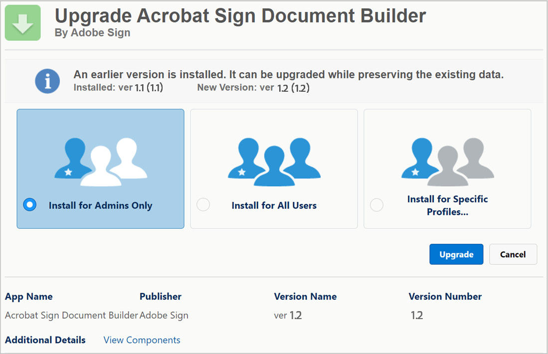 Upgrade Adobe Acrobat Sign for Document Builder package