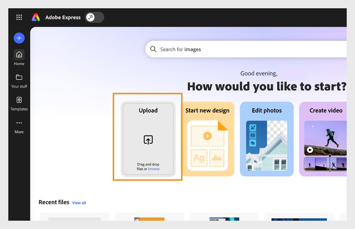 Adobe Express homepage with Upload highlighted