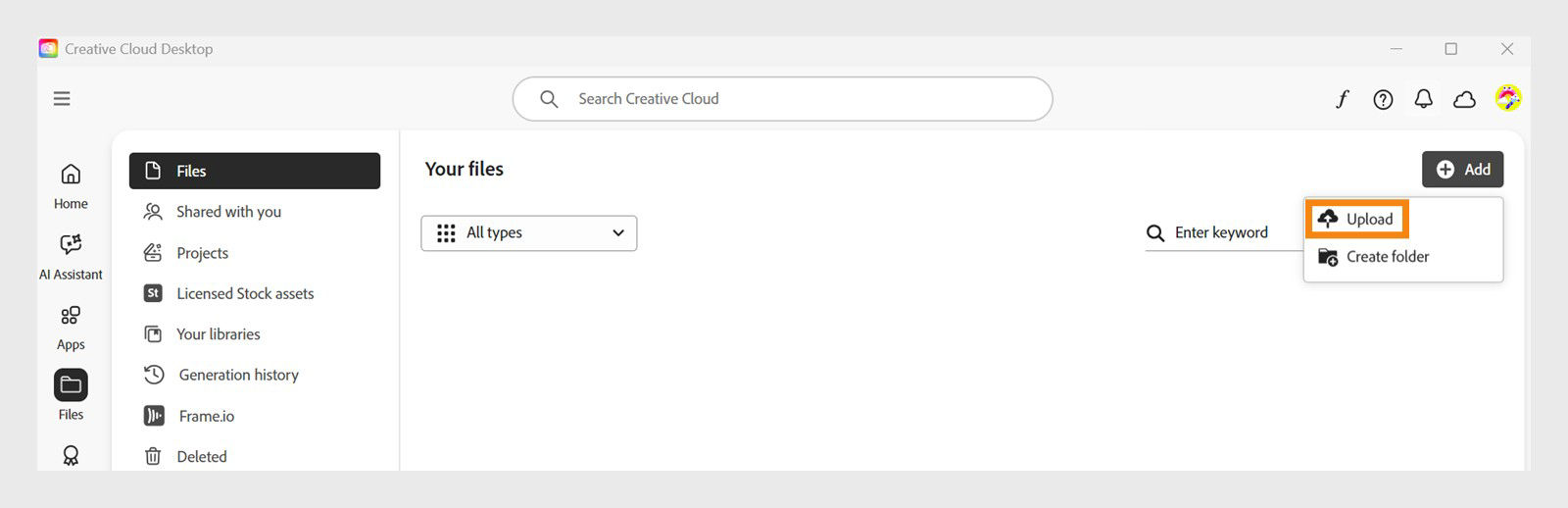 The Add button, available in the top-right corner of the Files tab in the Creative Cloud desktop app, provides the option to upload your files.