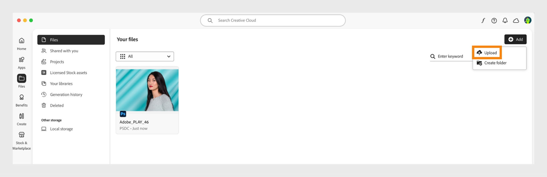 The Add button, available in the top-right corner of the Files tab in the Creative Cloud desktop app, provides the option to upload your files.
