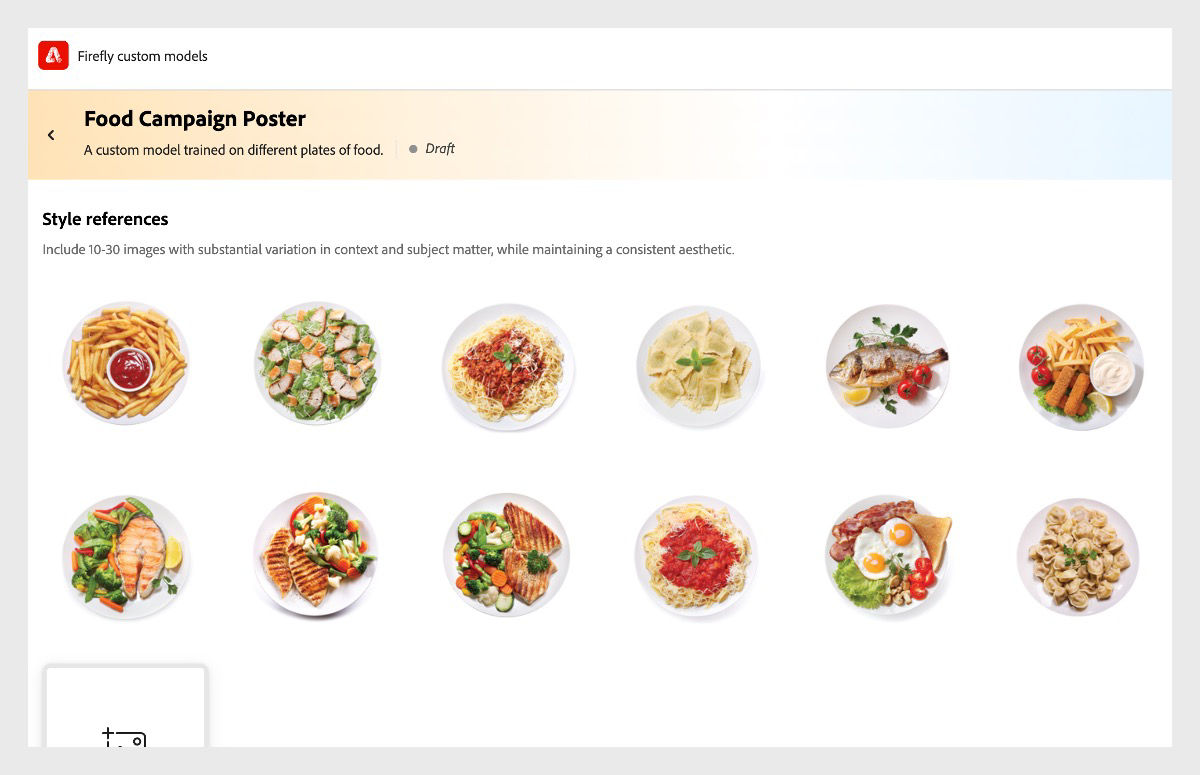 A Custom model called Food Campaign Poster is open and there are ten different photographs of various dishes, including pasta, salads, soups, and other meals uploaded.