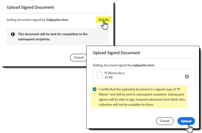 Upload signed document - mid-stream