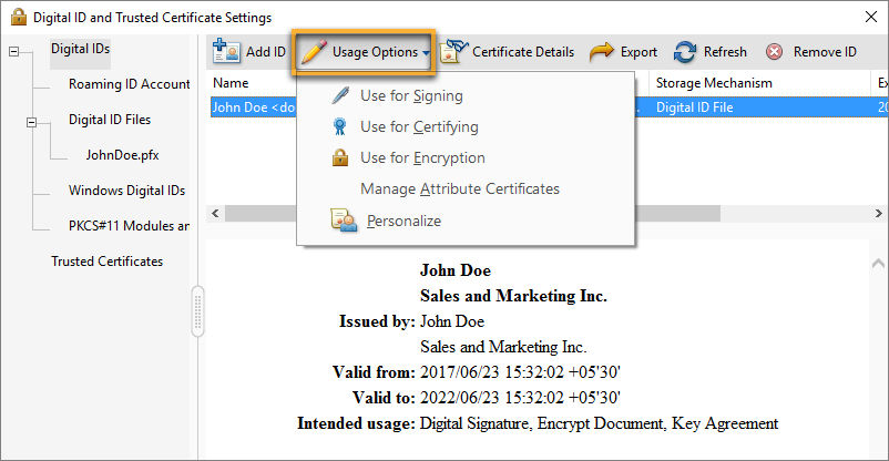 Select the options for which you want the digital ID as the default