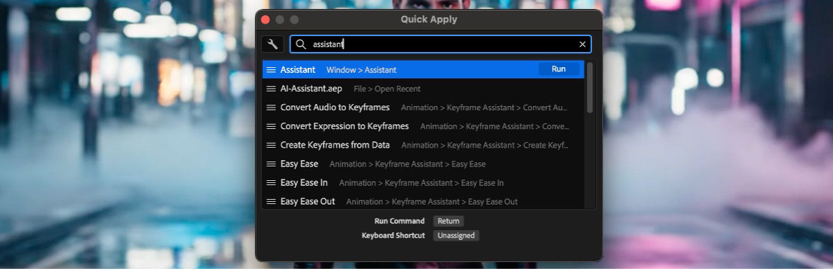 Quick Apply search results show the Assistant command, listed under Window > Assistant, ready to run.